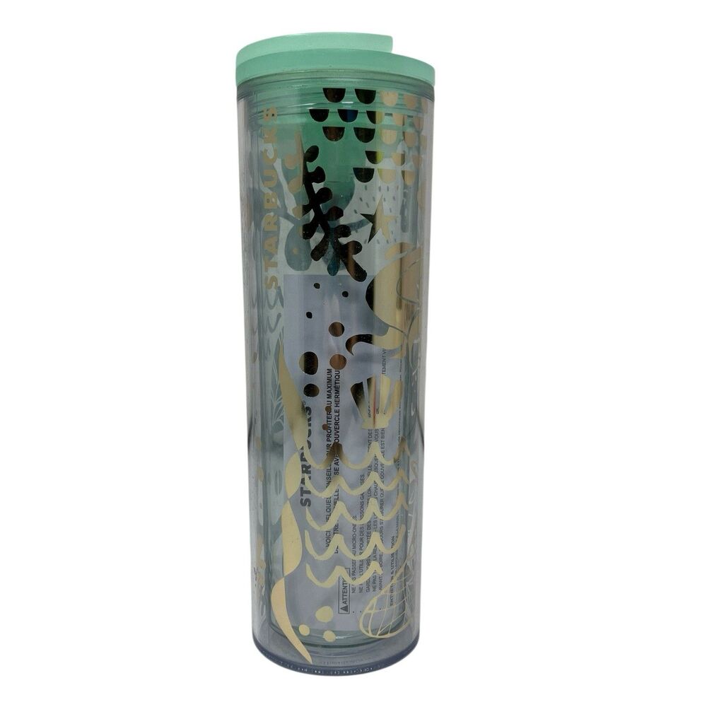 Starbucks Tumbler 16oz Mint Green Gold Print Double Wall Cold Cup Reusable 473ml - Picture 2 of 10